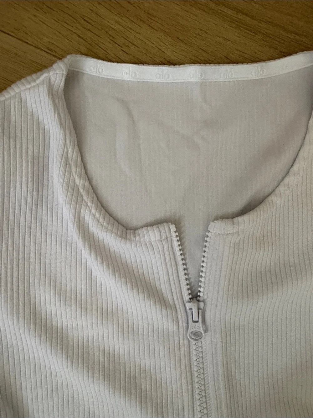 Alo Yoga White Ribbed Zip-Front Long Sleeve Top